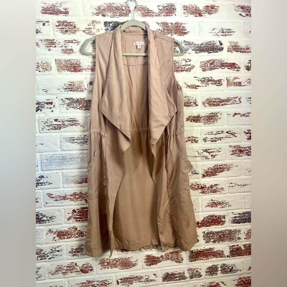 Eliane Rose Cardigan Vest Sleeveless Open Front Tencel Drawstring Khaki Size M